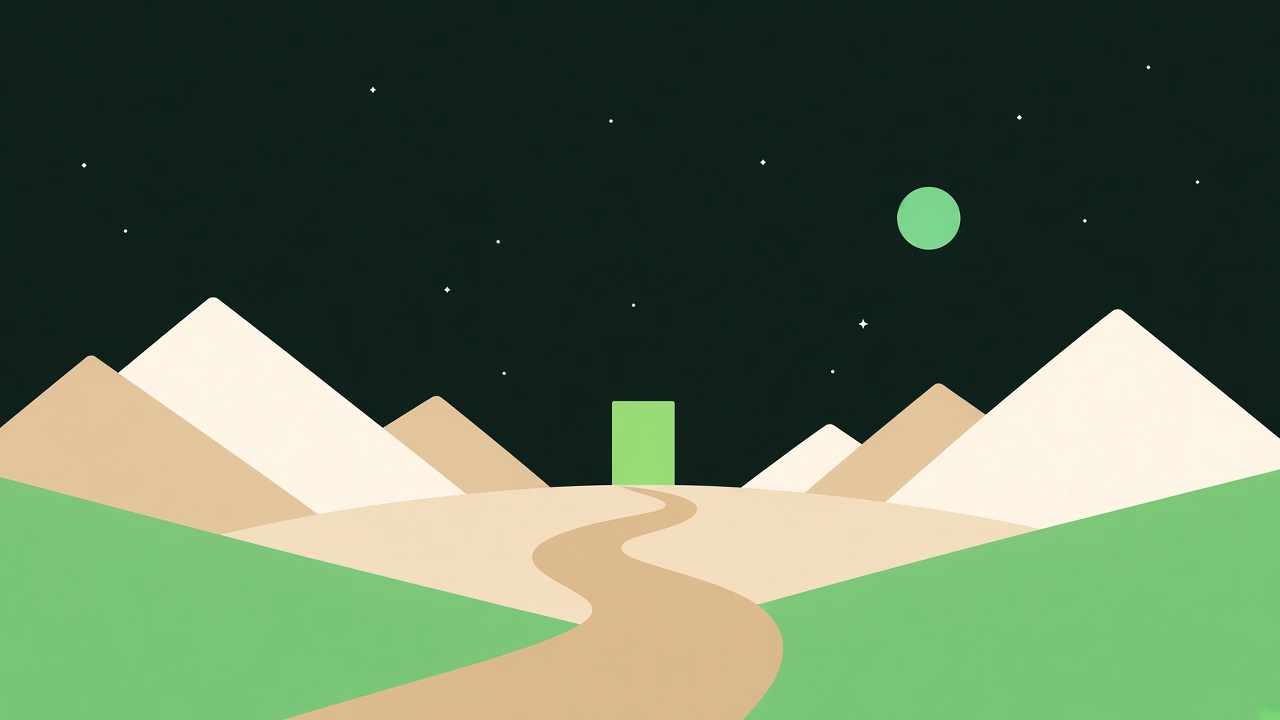 Concept landscape for Titanwar: a green moon over mountains and a glowing doorway